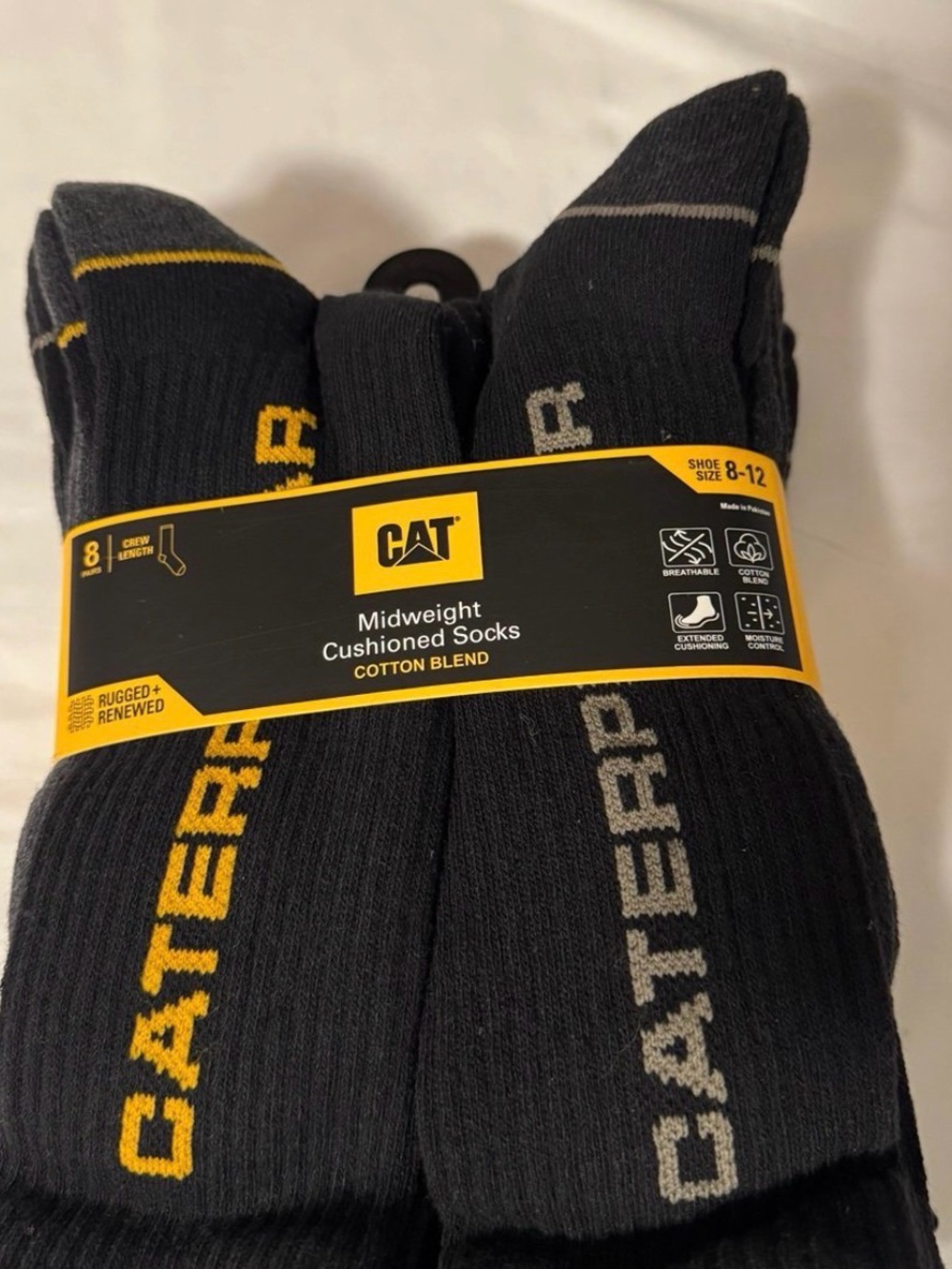 CAT Caterpillar 8-Pack Midweight Cushioned Crew Socks Men’s 8-12 Cotton